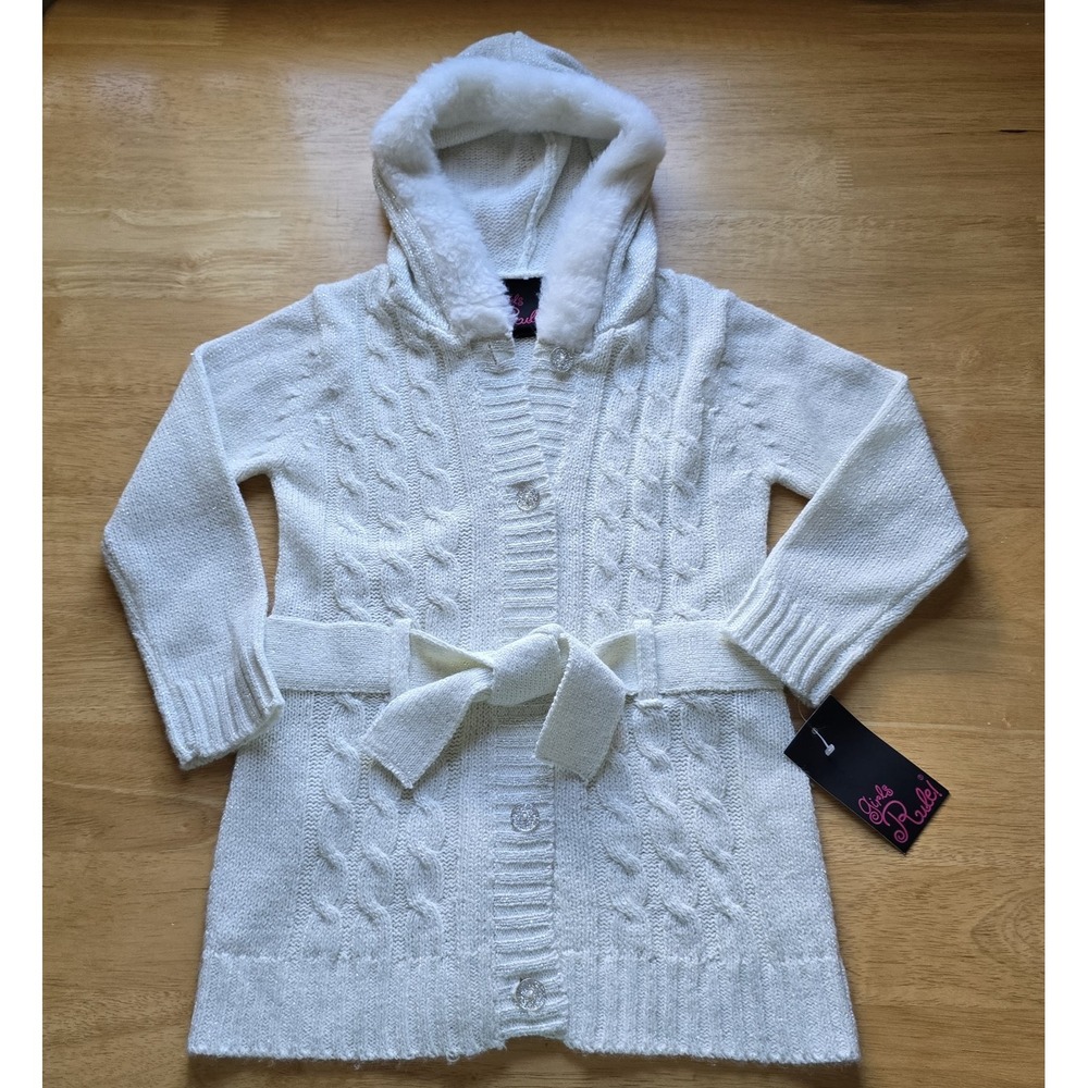 Girls 4T White Hooded Cardigan Sweater‎ Belted Knit NWT Winter Holiday